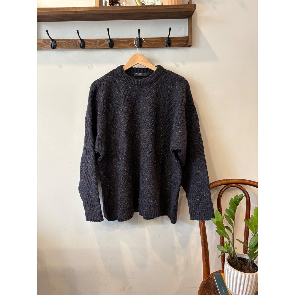 Glenbarra Ireland Pure New Wool Confetti Fleck Chevron Knit Sweater Navy Blue